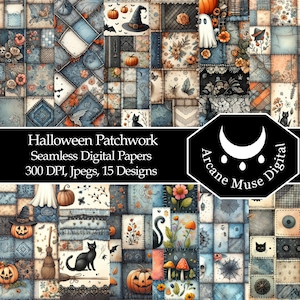 Pode incluir: Um conjunto de papéis digitais com um design de patchwork com ilustrações temáticas de Halloween. A obra de arte inclui abóboras, chapéus de bruxa, gatos pretos e fantasmas. A paleta de cores consiste em azuis, laranjas e cremes. O texto diz "Halloween Patchwork Seamless Digital Papers 300 DPI, Jpegs, 15 Designs."