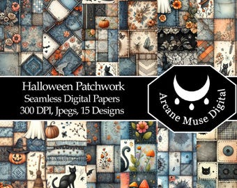 May include: A digital paper set featuring a patchwork design with Halloween-themed illustrations. The artwork includes pumpkins, witch hats, black cats, and ghosts. The color palette consists of blues, oranges, and creams. The text reads "Halloween Patchwork Seamless Digital Papers 300 DPI, Jpegs, 15 Designs."