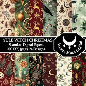 Puede incluir: Una colección de papeles digitales sin costuras con el tema Yule Witch Christmas. Los diseños presentan elementos festivos como adornos, velas y copos de nieve, con un toque de imágenes místicas. Los papeles son Jpegs de 300 DPI, con 24 diseños.