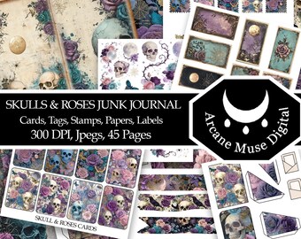 Skull & Roses Junk Journal Kit, Moody Celestial Romantic Goth Printables (Digital Download)
