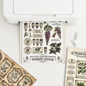 May include: A white printer is shown with printed sheets of stickers and labels. The stickers feature botanical illustrations and text, including "Poison Garden" and various plant names. The labels have a vintage aesthetic with botanical illustrations.