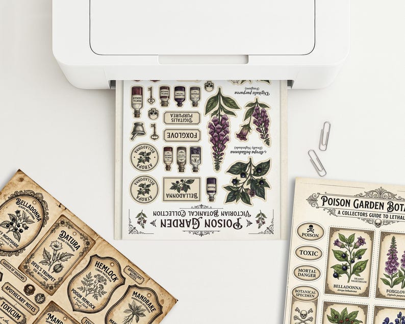 May include: A white printer is shown with printed sheets of stickers and labels. The stickers feature botanical illustrations and text, including "Poison Garden" and various plant names. The labels have a vintage aesthetic with botanical illustrations.