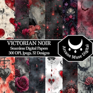 Viktoriansk Noir: En gotisk Alla hjärtans dag-samling, 32 digitala akvarellpapper (300 DPI, 12x12 JPEG-bilder)