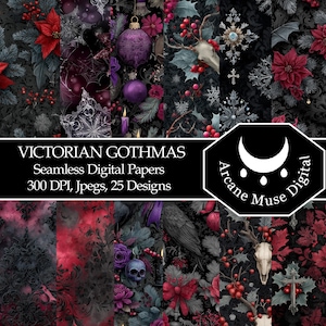 May include: A selection of seamless digital papers with a Victorian Gothmas theme. The designs showcase dark floral patterns, ornaments, and gothic elements in shades of red, purple, and black. The image includes the text "VICTORIAN GOTHMAS" and "Arcane Muse Digital."