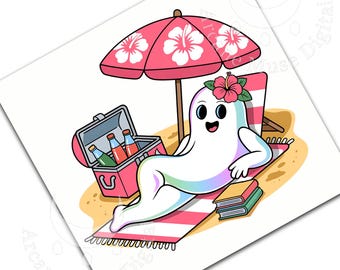 Summerween Ghost Beach PNG: Spooky Iridescent Design (14"x14" Digital Download)