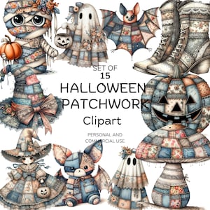 May include: A collection of 15 Halloween-themed patchwork clipart images. The images include a mummy, ghost, bat, boots, jack-o'-lantern, witch, and other whimsical characters. The text in the image reads "SET OF 15 HALLOWEEN PATCHWORK Clipart PERSONAL AND COMMERCIAL USE."