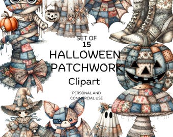 Patchwork Spooky Halloween Png, Cute Ghost Coquette Sublimation Design,  Denim Spooky Witch Digital Download Fall Patchwork Clipart Bundle