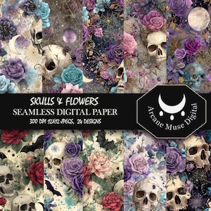 May include: A digital paper collection titled Skulls & Flowers Seamless Digital Paper by Arcane Muse Digital. The image displays 24 designs featuring human skulls, purple and red roses, spider webs, bats, and moons on dark backgrounds.