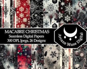 May include: A collection of digital papers with a macabre Christmas theme. The designs feature snowflakes, holly, skulls, and ornaments in red, black, and white. The text on the image reads "MACABRE CHRISTMAS Seamless Digital Papers 300 DPI, Jpegs, 26 Designs."