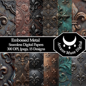 Puede incluir: Una colección de papeles digitales sin costuras de metal repujado en varios colores, incluyendo marrón, negro y verde azulado. Los diseños presentan flores de lis y otros patrones ornamentados. La imagen incluye el texto "Embossed Metal Seamless Digital Papers 300 DPI, Jpegs, 15 Designs."
