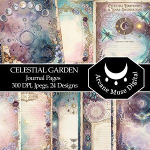 Może przedstawiać: Kolekcja cyfrowych stron do dziennika z niebiańskimi i botanicznymi ilustracjami, w tym fazami księżyca, znakami zodiaku, gwiazdozbiorami, ważkami, motylami i kwiatowymi obramowaniami w akwarelowych odcieniach fioletu, błękitu i złota.