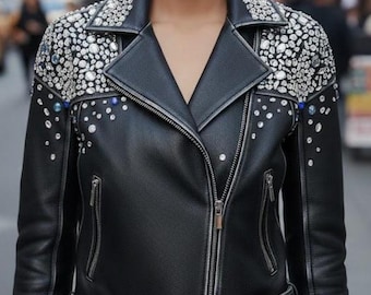 Handmade Rhinestone Leather Jacket for Women, Crystal Studded Vintage Moto Coat, Vintage Distressed Style