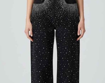 Pantalones vaqueros negros de talle alto y pierna recta con pedrería – Pantalones vaqueros de estilo urbano con brillo