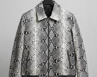 Unisex Snakeskin Pattern Leather Jacket Zip Up Black White Python Print Bomber Coat Streetwear