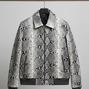 Unisex Snakeskin Pattern Leather Jacket Zip Up Black White Python Print Bomber Coat Streetwear