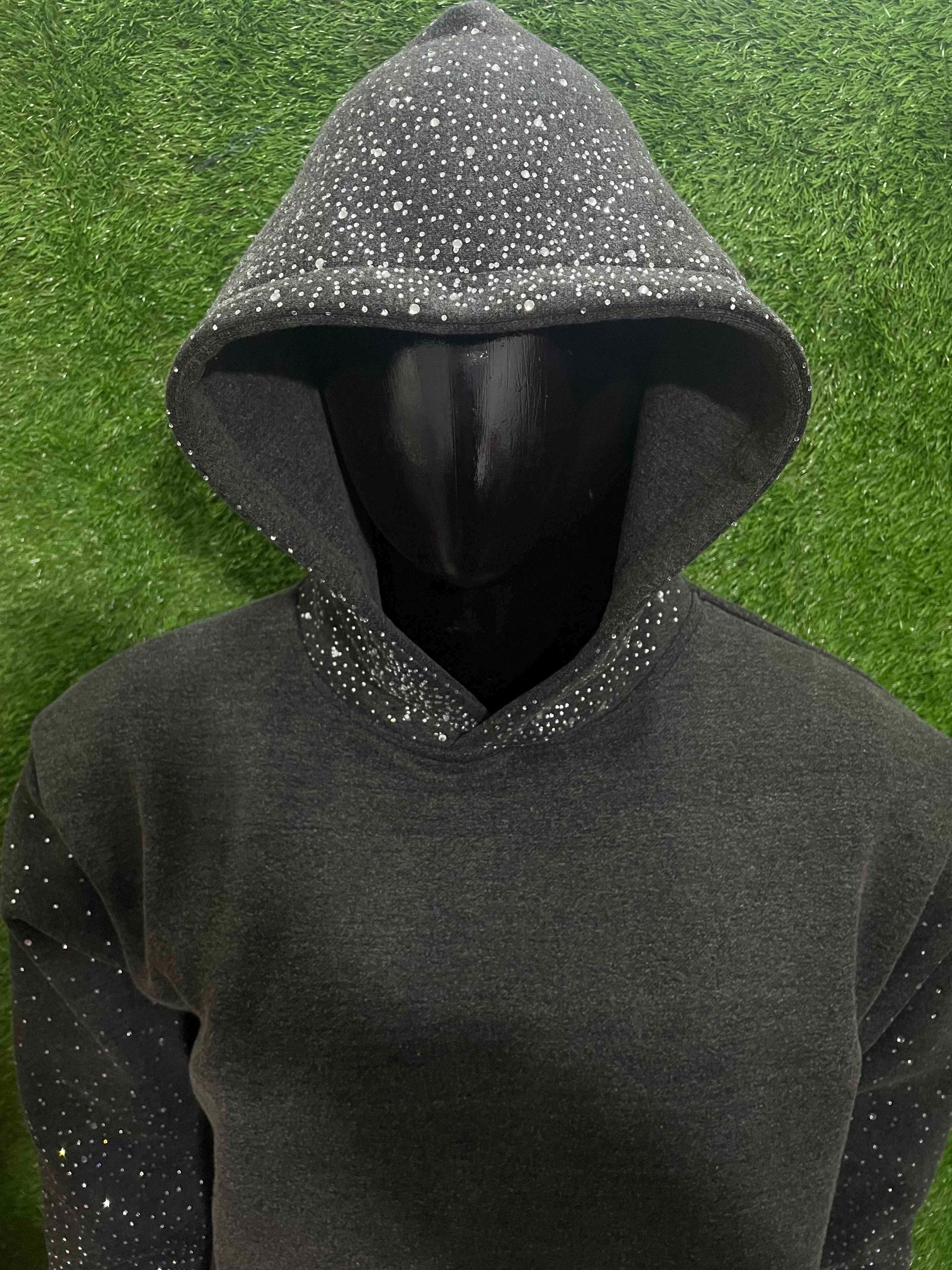 Handmade Rhinestone Hoodie With Sparkling Crystal Details, Cozy 