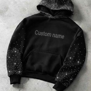 Handmade Rhinestone Hoodie with Sparkling Crystal Details, Cozy Glitter Pullover Sweatshirt Custom Name