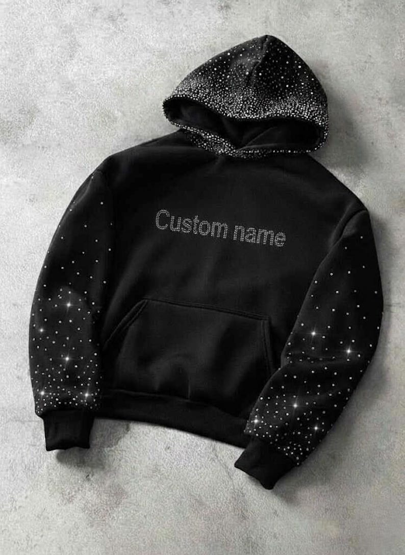 Handmade Rhinestone Hoodie with Sparkling Crystal Details, Cozy Glitter Pullover Sweatshirt Custom Name
