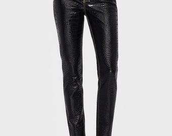 Handmade Black Crocodile Texture Leather Pants for Women | High Waist Luxury Skinny Fit Trousers
