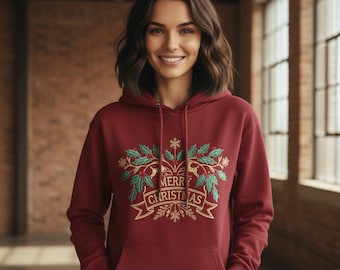 Handmade Red Christmas Hoodie with Embroidery, Holiday Sweatshirt for Winter Gifts, For Men & Women