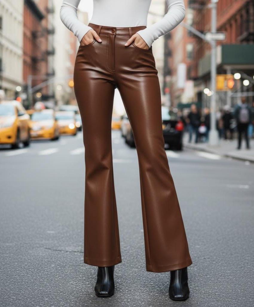 Handmade Womens Leather Flare Pants, High Waist Brown Retro Flared