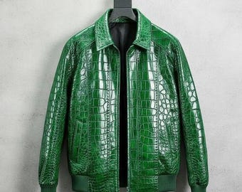 Handmade Green Crocodile Leather Jacket for Men & Women, Luxury Christmas Outerwear Gift