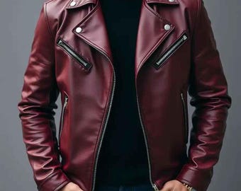 Handmade Mens Burgundy Leather Jacket Slim Fit Biker Style Moto Outerwear.