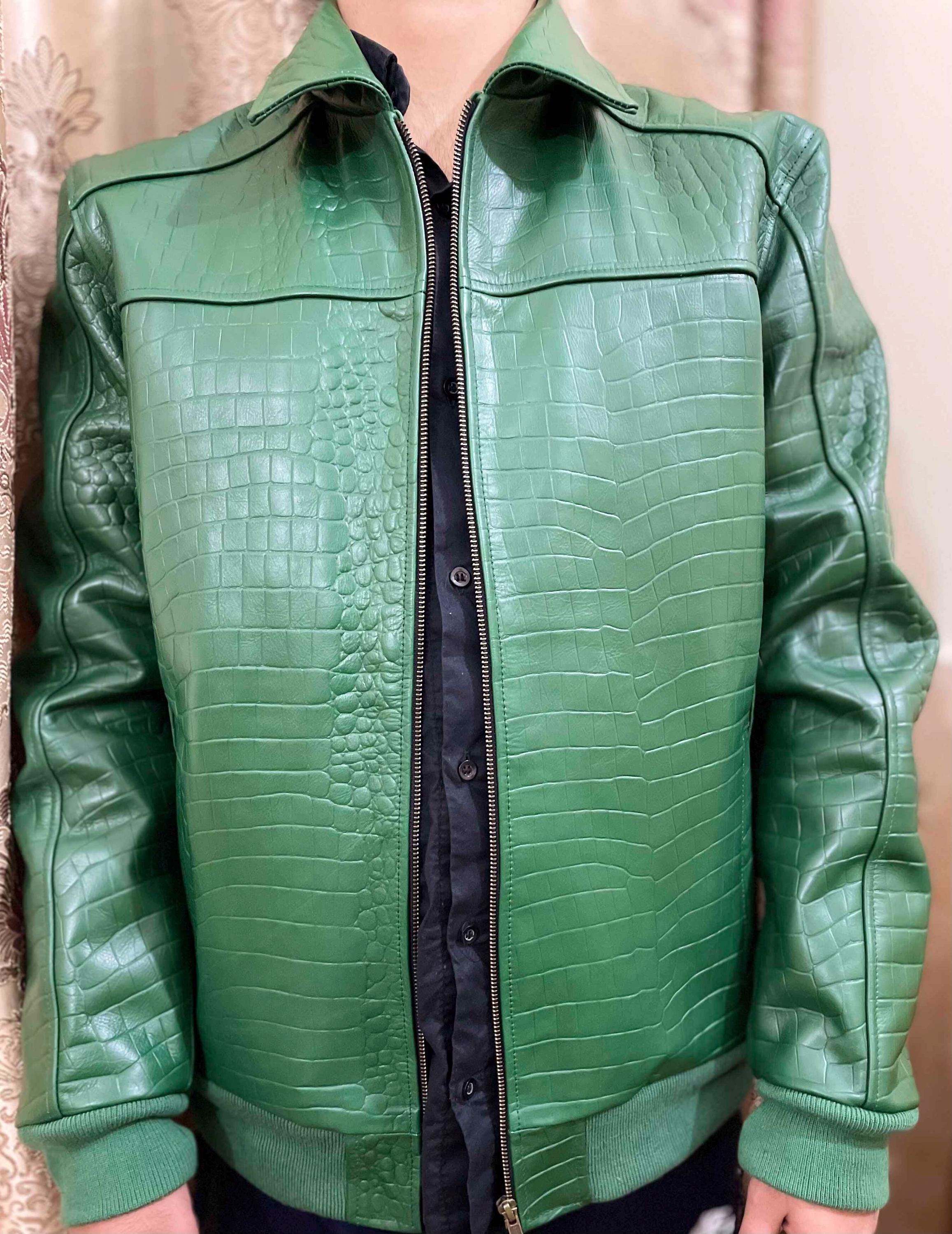 Handmade Green Crocodile Leather Jacket for Men & Women, Luxury