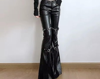 Black Handmade High Waist Halloween Theme Leather Flare Pants with Buckle Strap.