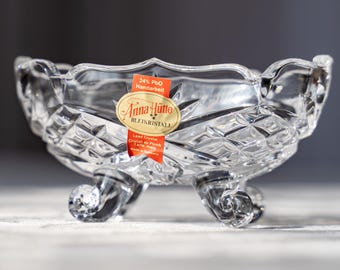 German Anna Hütte Crystal Footed Bowl, Memory Series 24% Lead Crystal, Vintage Handmade Mini Jardiniere with Original Box, 1980s Retro Decor