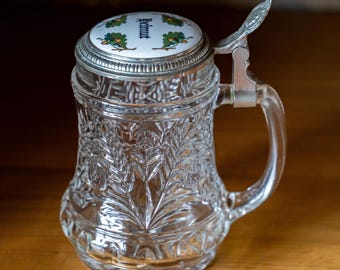 Vintage Personalized Beer Stein "Helmut", Glass Mug with Porcelain Lid, Oak Leaves & Wheat Design, Gift for Helmut, German Personalized Mug