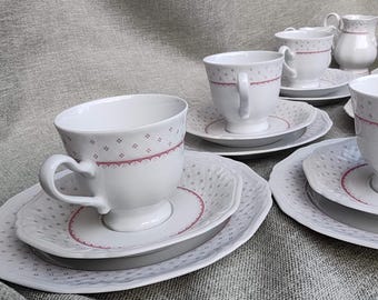 Eschenbach Bavaria Tea Set for 6, Red Dot, Pink Polka Dot Garland, Vintage German Relief Porcelain, Coquette Cottagecore High Tea Service