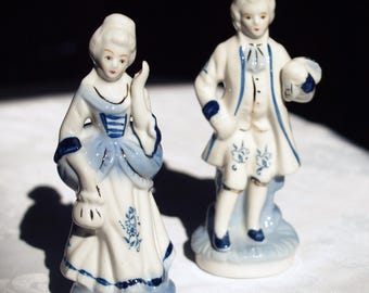 Romantic Blue and White Porcelain Ball Couple - Vintage 1970s Baroque Rococo Style Statues - Cobalt & Gold Gilt Home Decor, Regencycore Gift