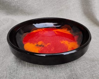 Vintage Ceramic Bowl Red Orange Magma Glaze, Black Pottery Dish, 1970s Fat Lava Style, Space Age Decor, Abstract Eye Ring Dish