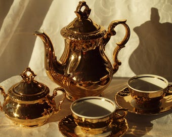 24K Gold Porcelain Tea for Two, Vintage Bavarian Gold Luster Set, Hollywood Regency Coffee Service, GKC Rieber Mitterteich, Gift for Couples