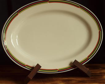 Mid Century Modern Burg Lindau Porcelain Platter - Bauhaus Geometric Border - Primary Colors - Art Deco Revival Serving Dish - 12 inch Oval