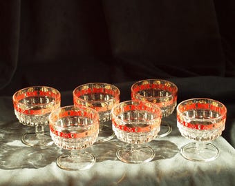 60s Stampi Francolini Italian Dessert Set - Red & Gold Sunburst Glassware - 7pc Hollywood Regency Bowl + Coupes - Rare MCM Italian Art Glass