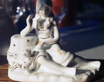 Mid Century Modern West German Pottery Seated Girl & Dog Statue, Fat Lava Brutalist Figurine, Cottagecore meets Brutalism, 1960s Art Pottery