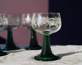 Luminarc Roemer Wine Glasses, Vintage French Crystal Style, Green Beehive Stem, Etched Grapevine Pattern, 10cl Rhine Goblets, Made in France