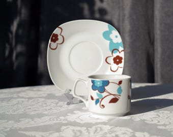 4 Vintage Grandius Cups & Saucers | Turquoise + Brown Floral | Retro 70s Mod Style | Instagrammable Tableware | Mid-Century Modern Vibe