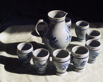 Authentic Westerwald Pottery Set, Marzi & Remy Salt Glazed Pitcher +8 Beakers, Cobalt Blue Grey Stoneware German Folk Art, 9pc Drinkware Set