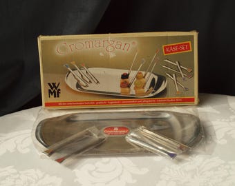 Vintage WMF Cromargan Cheese Serving Set New Old Stock, 10" Stainless Steel Tray 6 Color Picks, Mid Century German Charcuterie Party Board