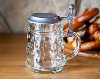 Vintage German Glass Beer Stein with Pewter Lid, Traditional Dimpled Mug (Augenkanne), Heavy 0.5L Oktoberfest Glass, Man Cave Barware