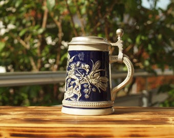Vintage Gerz West-Duitsland bierpul German Brewers Guild Crest steengoed mok met deksel authentieke tinnen deksel halve liter