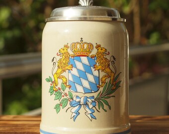 Vintage Simon Peter Gerz West Germany Beer Stein, Bavarian Coat of Arms Ceramic Mug, Ornate Pewter Lid with Munich City Relief "Reichs-Zinn"