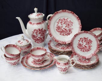 Seltmann Weiden Bavaria "Theresia" Rot 21 teiliges Tee-Set, Vintage-Service für 6, deutsche Porzellan Teekanne, Zuckerdose & Milchkännchen, rotes florales Porzellan