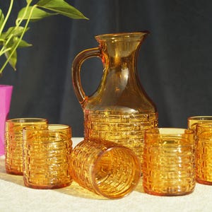 Vintage Bormioli Rocco Siena Amber Glass Pitcher & 6 Tumbler Set, Italian Basketweave 7 pc Juice Set, Mid-Century Modern Serving Glass