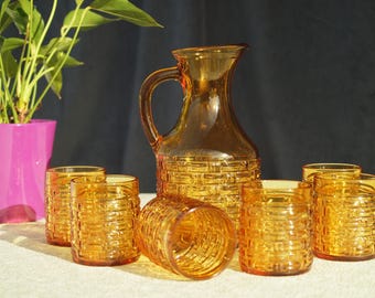 Vintage Bormioli Rocco Siena Amber Glass Pitcher & 6 Tumbler Set, Italian Basketweave 7 pc Juice Set, Mid-Century Modern Serving Glass