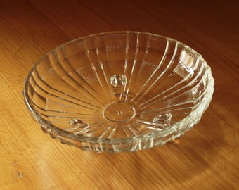 Retro 70s Textured Glass Serving Bowl - Three Footed Candy Dish - Mid Century Modern Kitchen Decor - Authentic Vintage Glassware