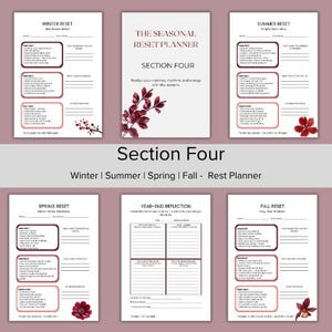Puede incluir: Un conjunto de p&aacute;ginas de planificador imprimibles con un fondo malva. Las p&aacute;ginas est&aacute;n etiquetadas como "Winter Reset", "Summer Reset", "Spring Reset", "Fall Reset" y "Year-End Reflection". La p&aacute;gina central dice "The Seasonal Reset Planner, Section Four".